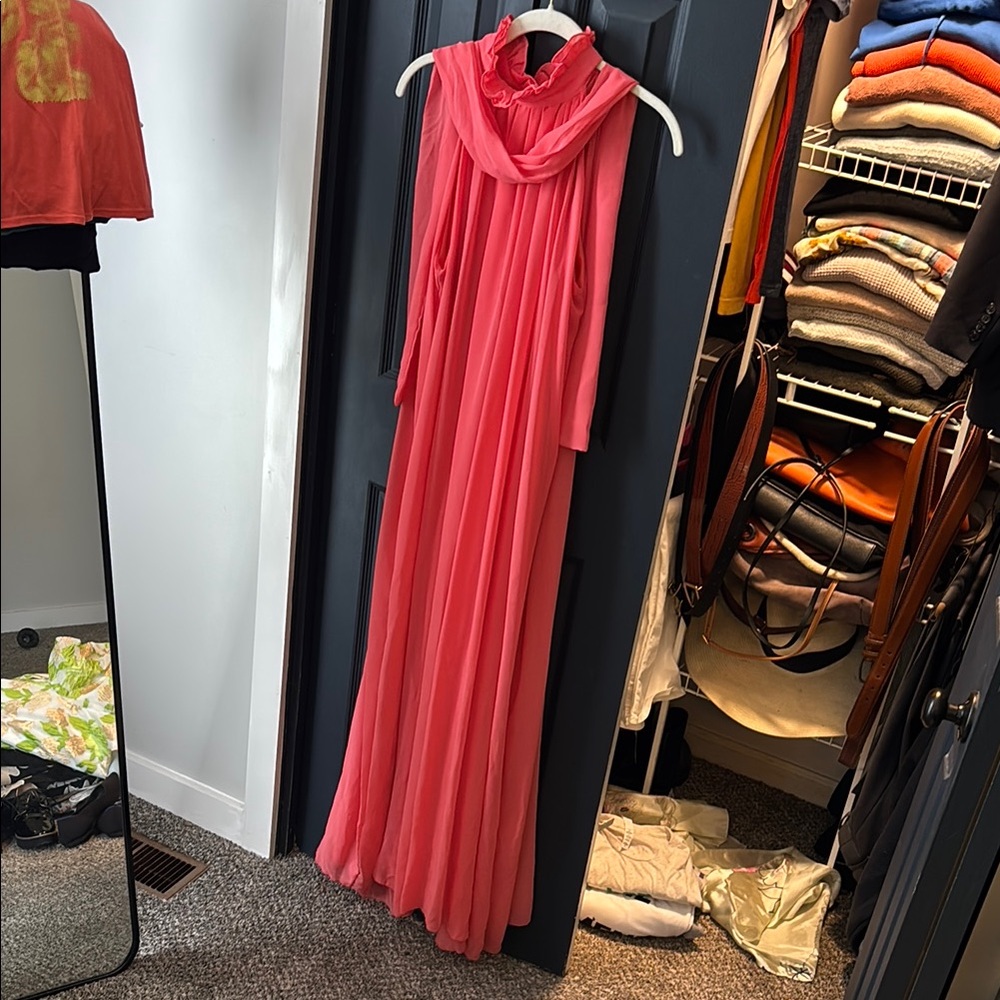 Elegant coral vintage 1960s style maxi sleeveless chiffon Dress ruffle neck